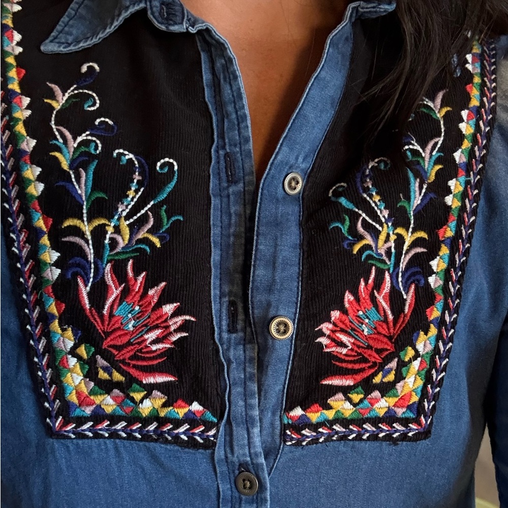 Anthropologie Denim Tunic with Floral Appliqué